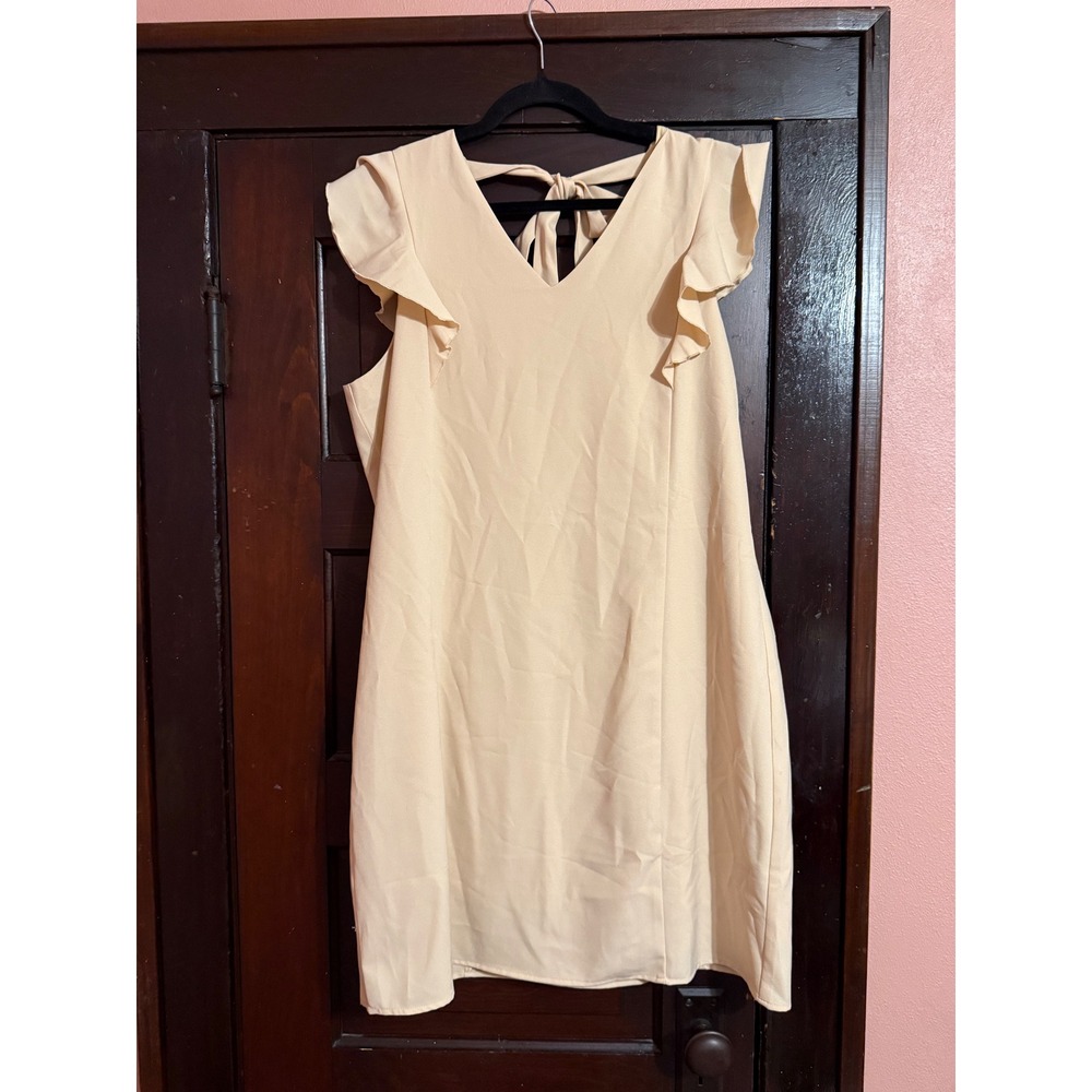 Charlie Paige Womens Ruffle Sleeve V-Neck Tie Back Shift Dress Cream Beige Large